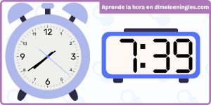 Imagen didáctica de relojes marcando las 7:39, excelente herramienta para hispanohablantes aprendiendo inglés.